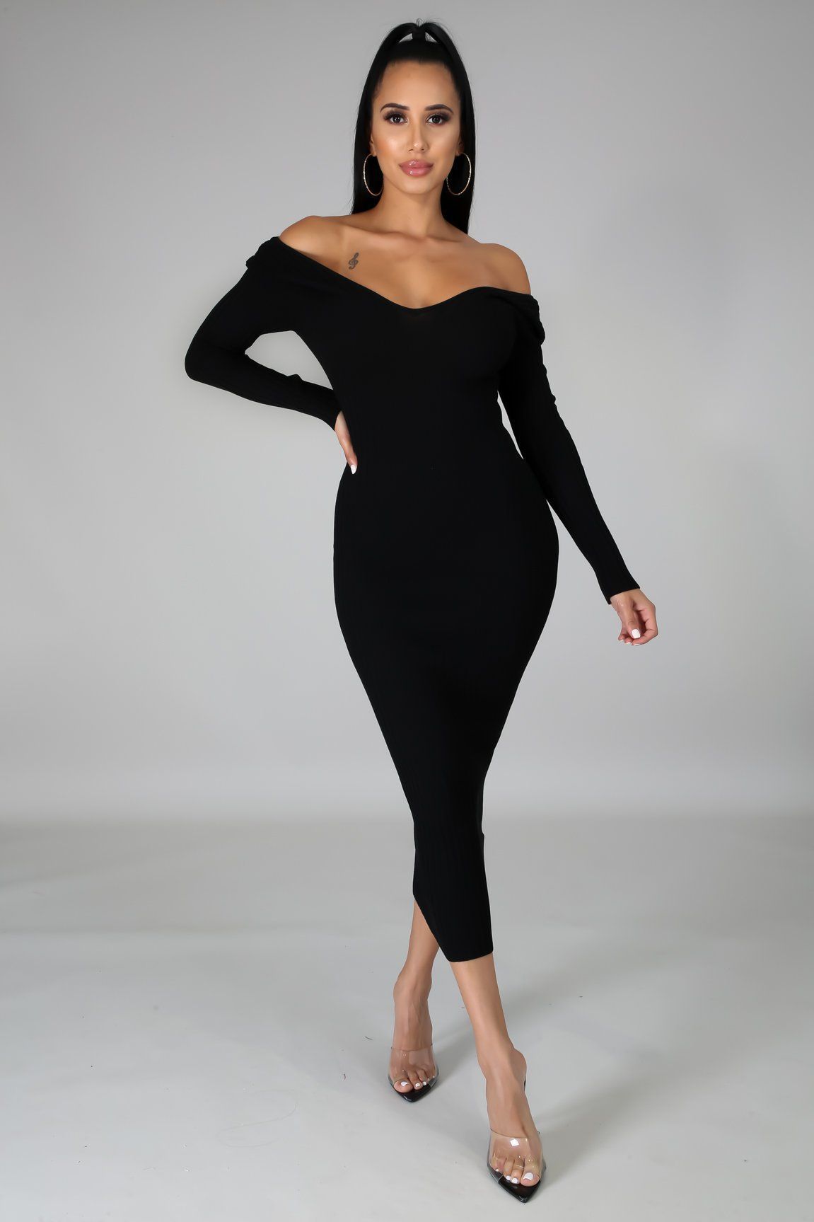 Solid Color Long-Sleeved V-Neck Dress NSXHX99665