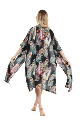 歐美海邊度假開衫人棉中長袖防曬服和服開叉罩衫中長款外套女款