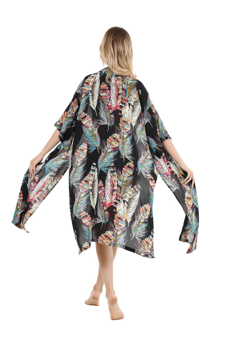 歐美海邊度假開衫人棉中長袖防曬服和服開叉罩衫中長款外套女款