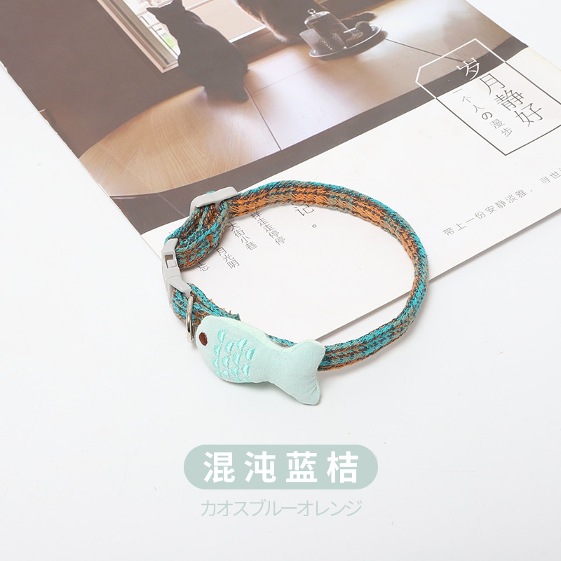 苏格兰格子刺绣小鱼儿项圈-混沌蓝桔