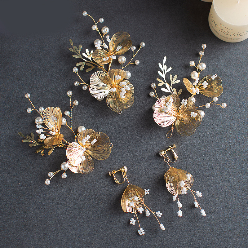 Barock Handgefertigte Blume Perle Quaste Ohrclip Stirnband Haarspange Zweiteiliges Set display picture 4