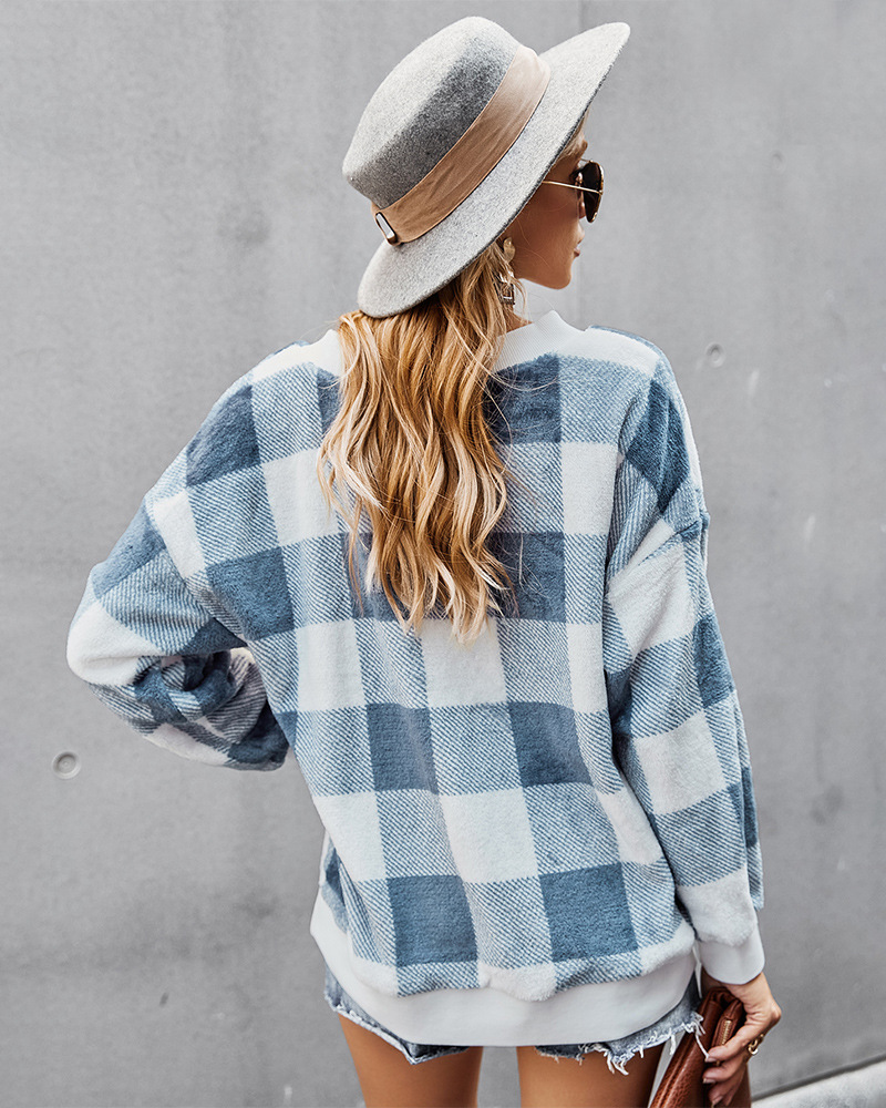 fashion flannel v-neck plaid top NSDY7347