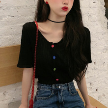 夏裝2022新款韓版網紅修身黑色針織衫女短袖薄款毛衣開衫打底上衣