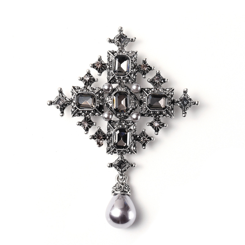 Retro Cross Alloy Plating Inlay Rhinestones Pearl Women's Brooches display picture 9