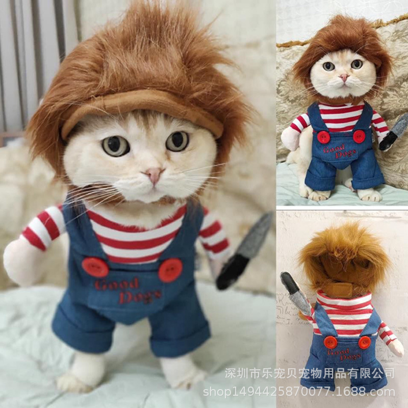 寵物立體搞怪裝帶帽子恰吉拿刀站立變身裝貓咪狗狗萬聖節卡通服飾