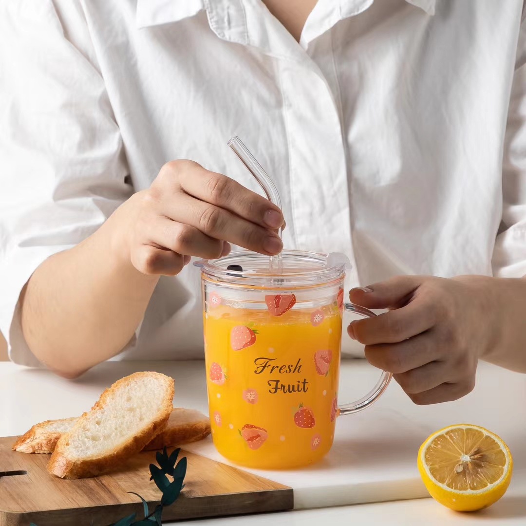 Vidrio de paja hogar niños taza de agua hembra linda chica con mango ins estilo fruta leche taza de té taza de limón