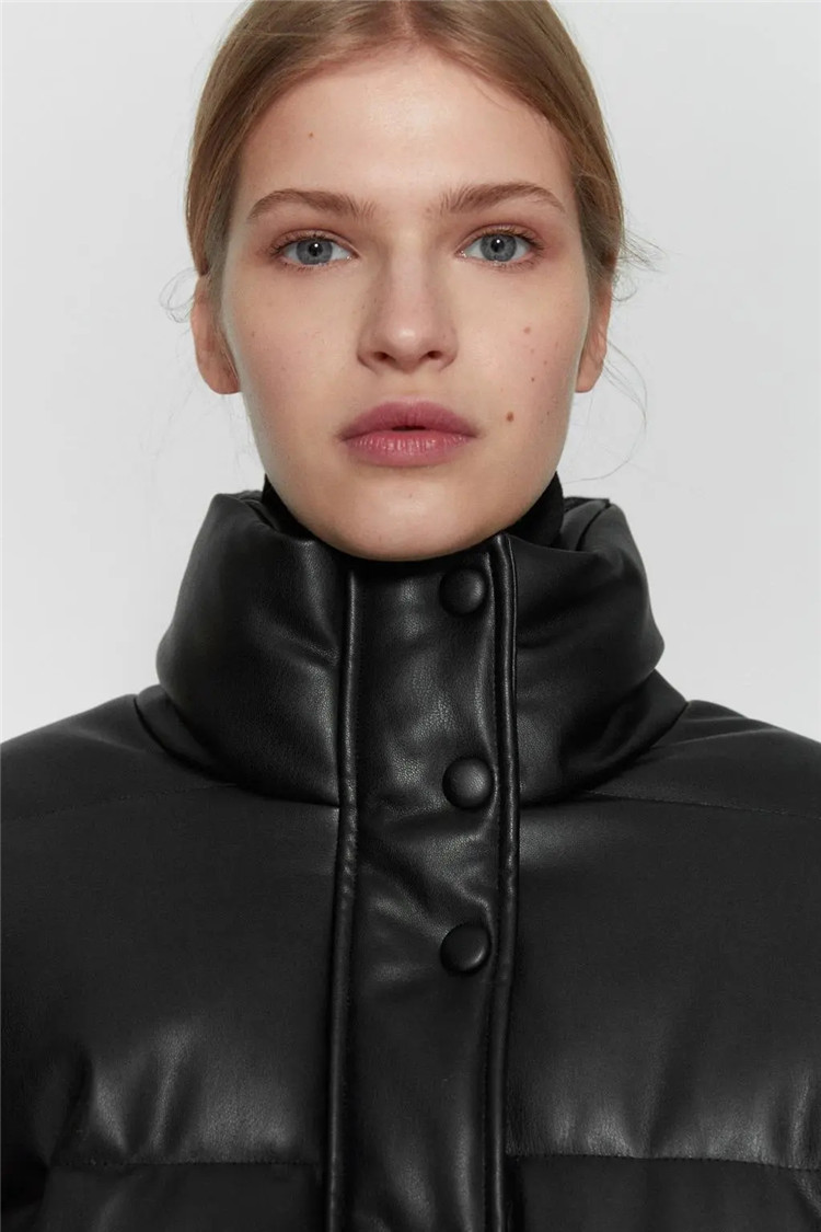 Damenbekleidung lässig einfarbig einfache Leder Baumwollkleidung für Damen Winter neue kleine Stehkragen Pu-Jacke_voghion.com