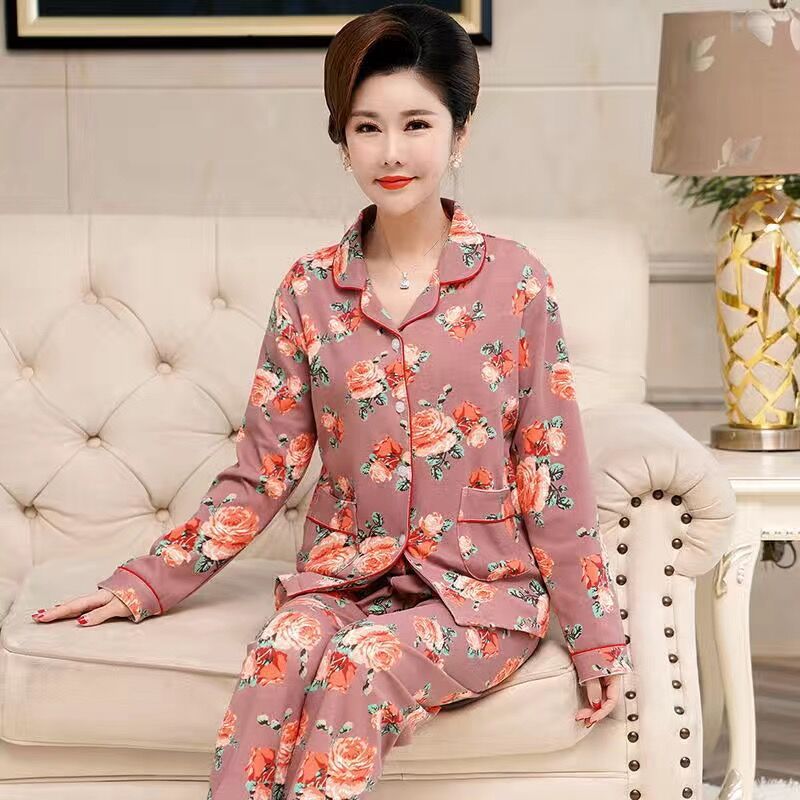 Pijamas de mamá de mediana edad para mujer primavera y otoño 100% algodón de manga larga Otoño e Invierno traje de desgaste para el Hogar de Mujeres de mediana edad y ancianas