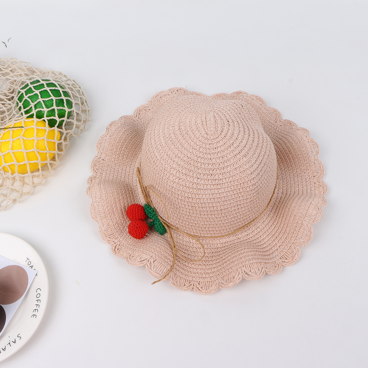 الكرز الدانتيل موجة القش قبعة حقيبة مجموعة الأطفال الشمس قبعة الصيف الشمس في الهواء الطلق قبعة display picture 11