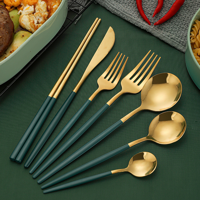 Portuguese tableware knife, fork and spoon three-piece set Western steak knife and fork dark green gold knife, fork and spoon chopsticks gift suit