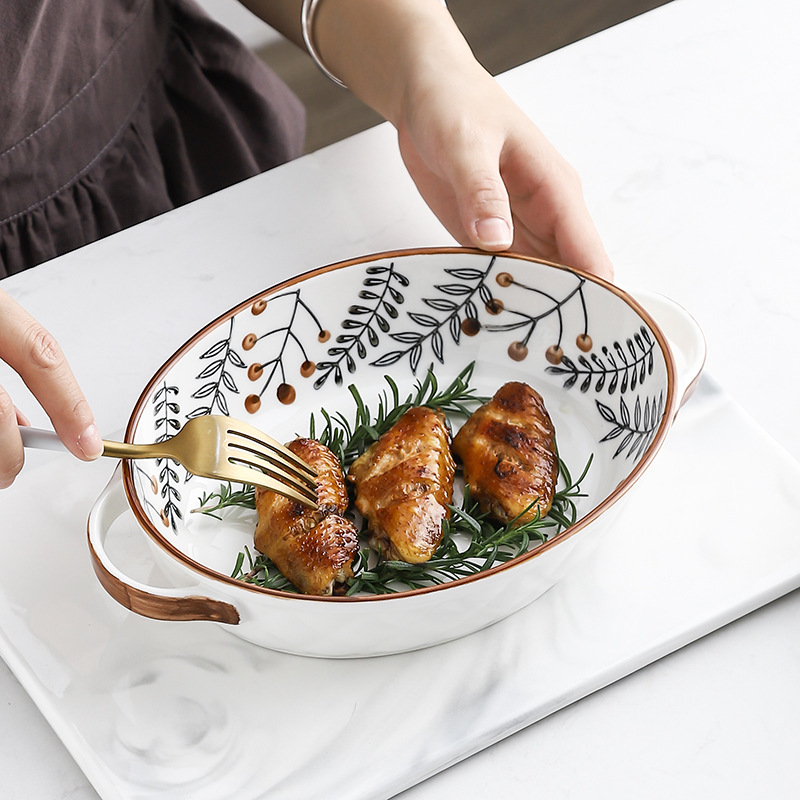 Bandeja de cocción pintada a mano de vena creativa bandeja de horno de microondas de cerámica bandeja de hornear queso bandeja de cocción de arroz al horno plato de ensalada de cerámica