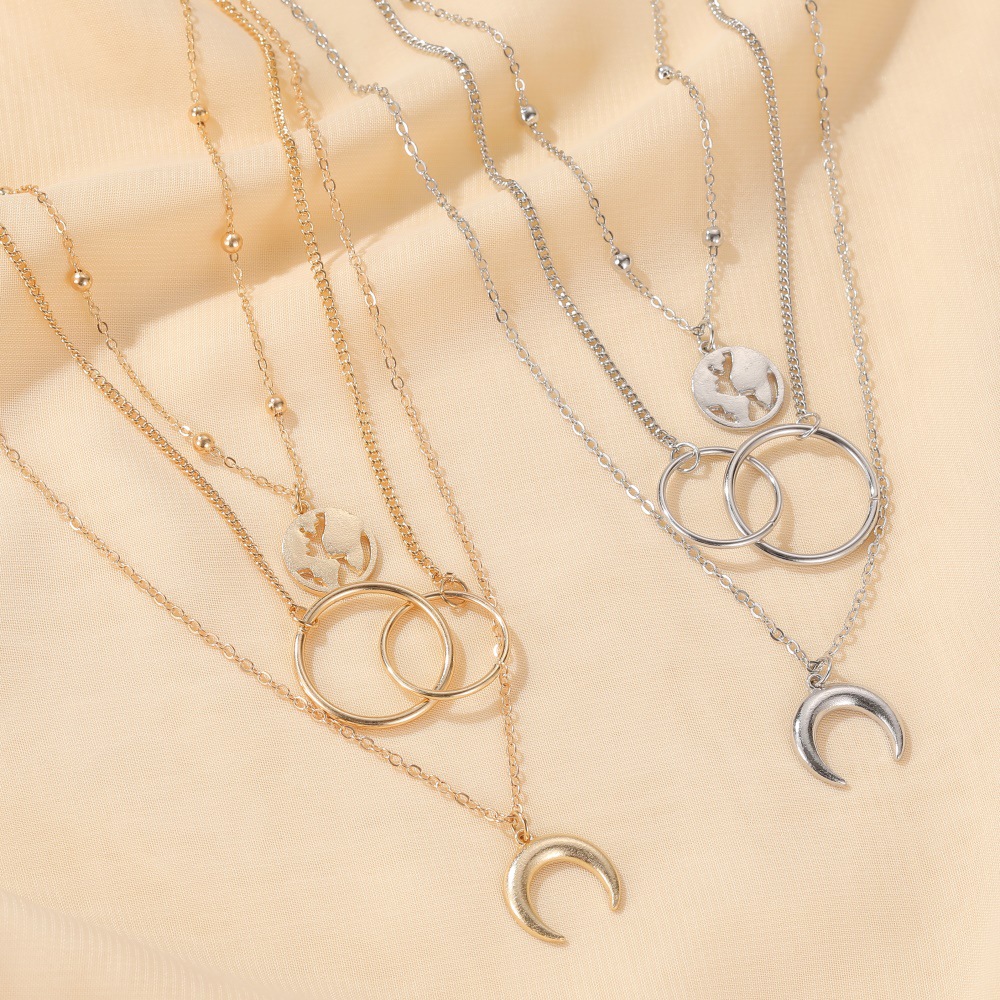 New Three-layer Long Ring Multi-layer Metal Map Moon Pendant Sweater Chain Necklace display picture 6