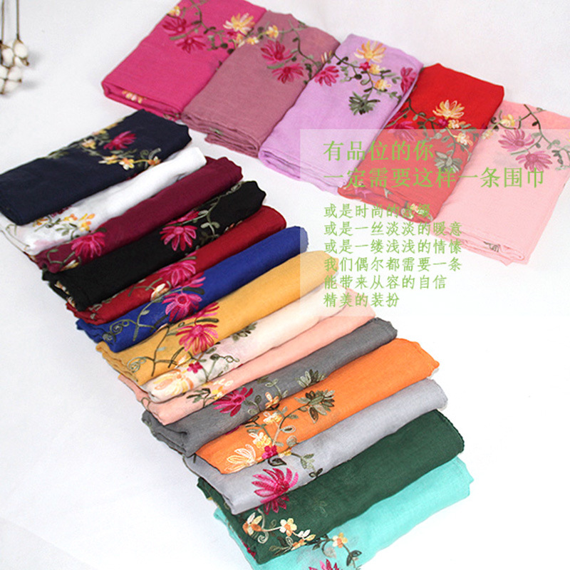 Bohemio bordado de algodón y lino de La Flor bufanda de las mujeres de Nepal viajes estilo étnico bordado bufanda chal