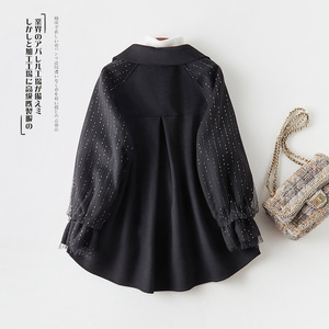 韩版蕾丝拼袖双面羊绒外套100羊毛外套女士双面呢大衣小个子