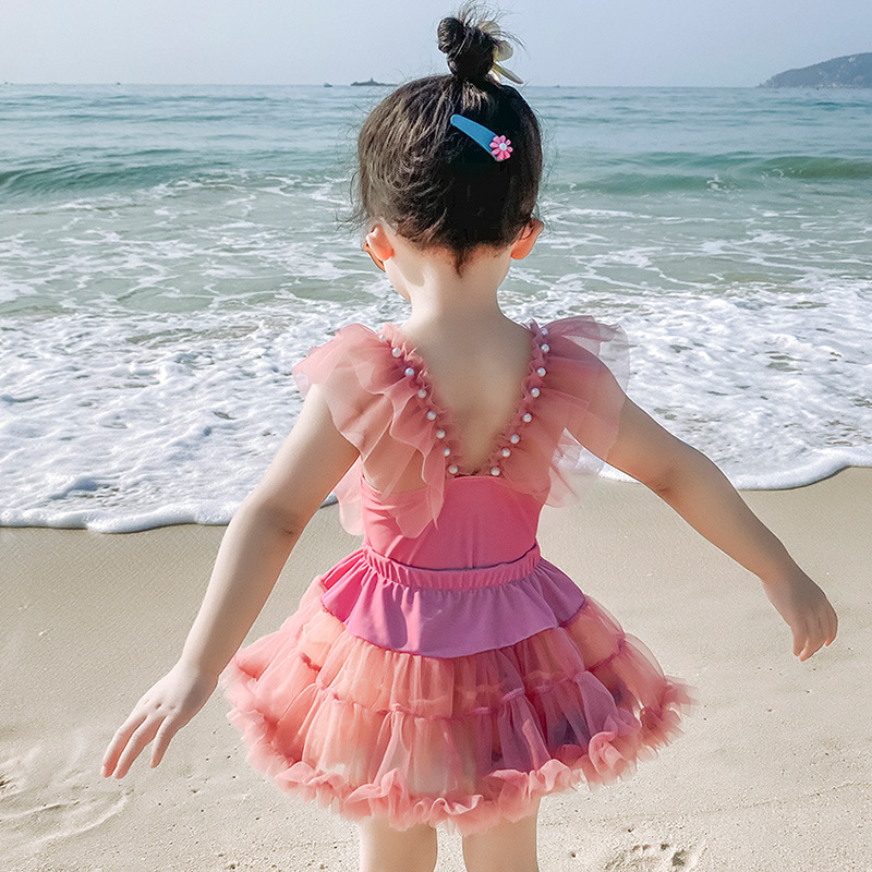 2020儿童泳裙韩版可双面穿粉色系网纱珍珠款中小幼童女宝宝游泳裙