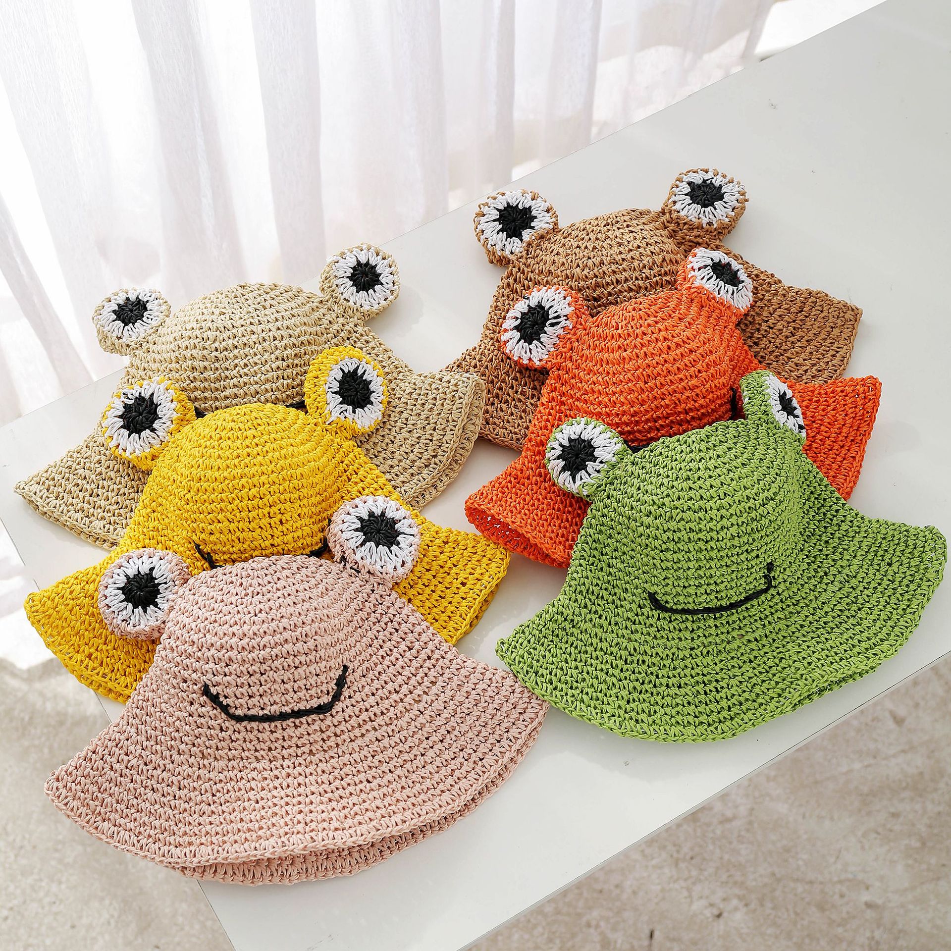 Summer Models Hand-knitted Frog Straw Hats Boys And Girls Students Sun Hats Children Sun Hats display picture 2