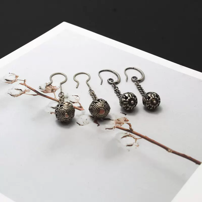 厂家直销 女式设计简约百搭 S925银复古流苏镂空圆球耳钩耳饰耳环