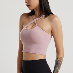 交叉健身背心女緊身性感運動打結外穿瑜伽上衣短款掛脖式文胸內衣