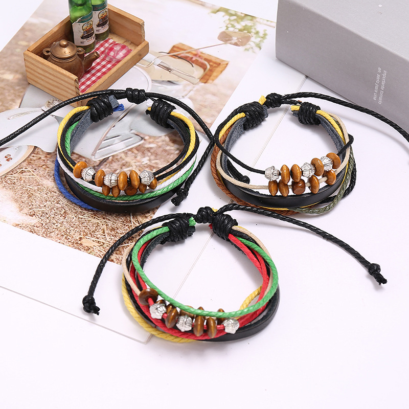 Hot Sell Beaded Leather Bracelet Hand Woven Multilayer Hemp Rope Wooden Bead Bracelet wholesale niha