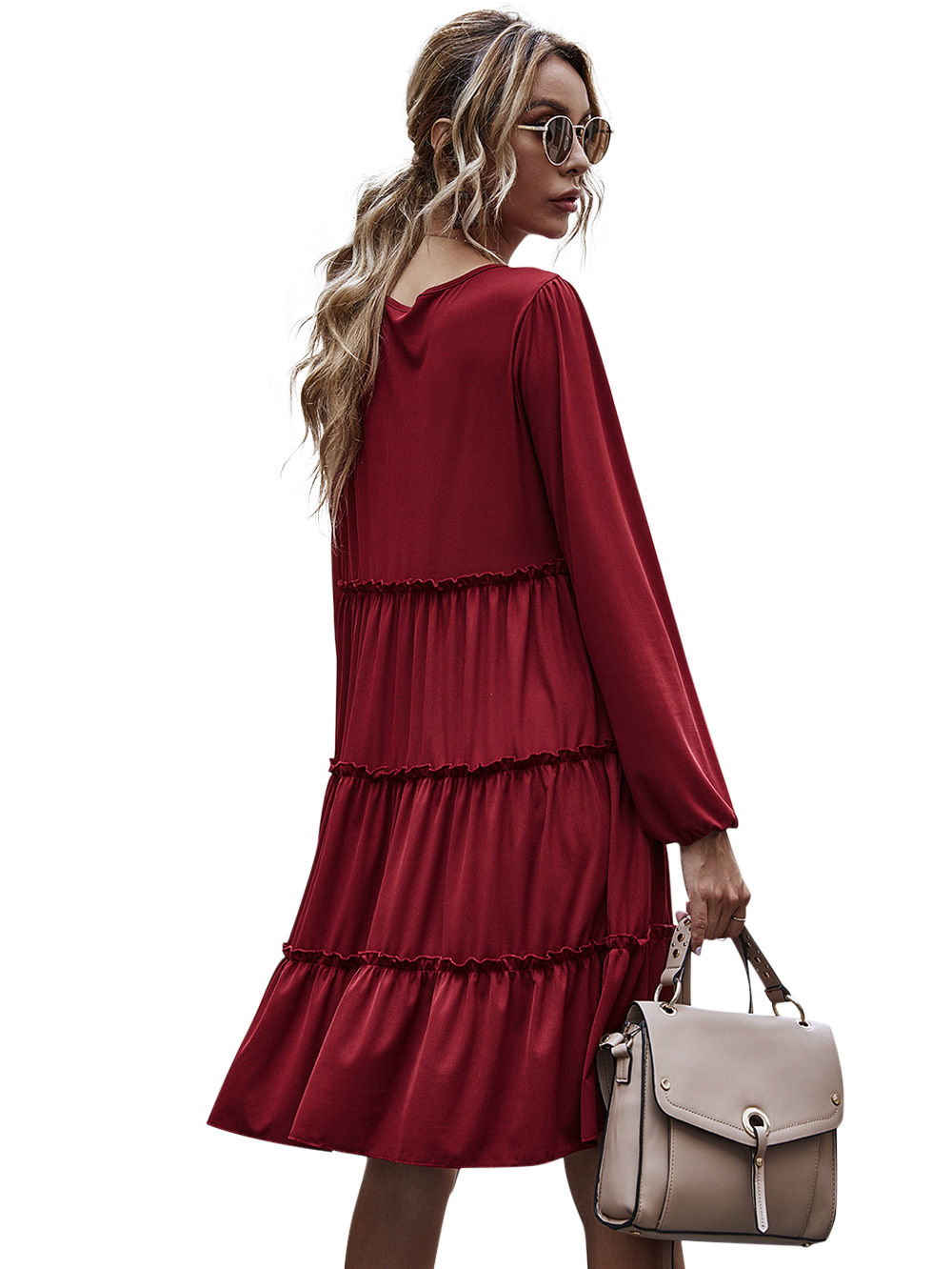 hot style round neck large swing skirt ruffled stitching long-sleeved knitted dress NHDF62