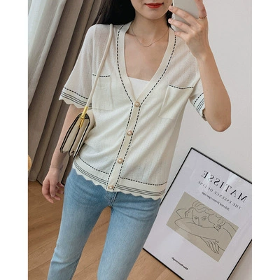 Гонконгский рис [хорошее качество, чтобы быть постоянным клиентом] OL Ретро Интеллектуальный свитер с коротким рукавом кардиган футболка