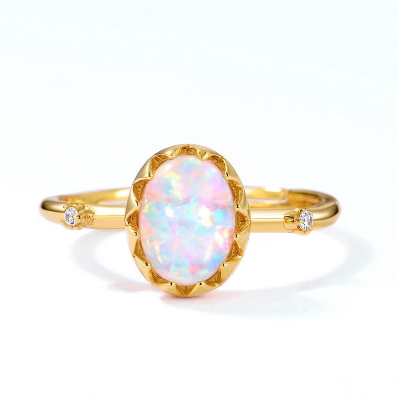 4g Weight Artificial Gemstones Inlay Material Birthday Occasion Geometric Pattern Retro Egg-shaped Opal Geometric Female S925 Silver Plated 9k Gold Ring Wholesale