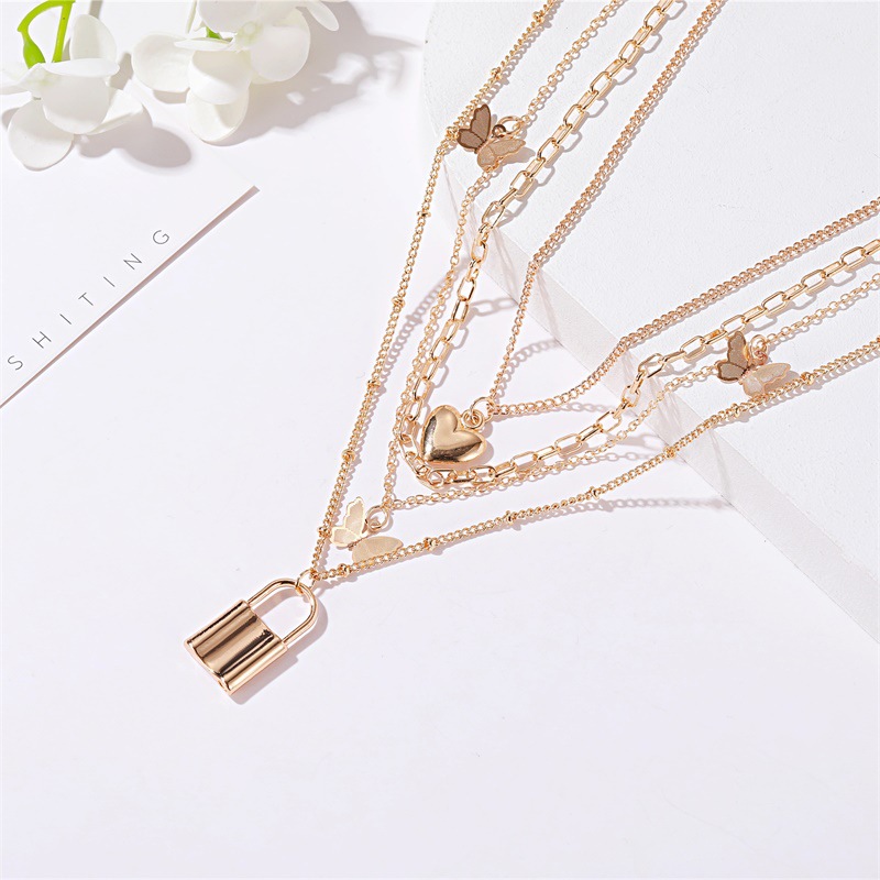 New Necklace 4 Layer Metal Butterfly Necklace Ladies Retro Love Lock Multi-layer Necklace Wholesale Nihaojewelry display picture 3