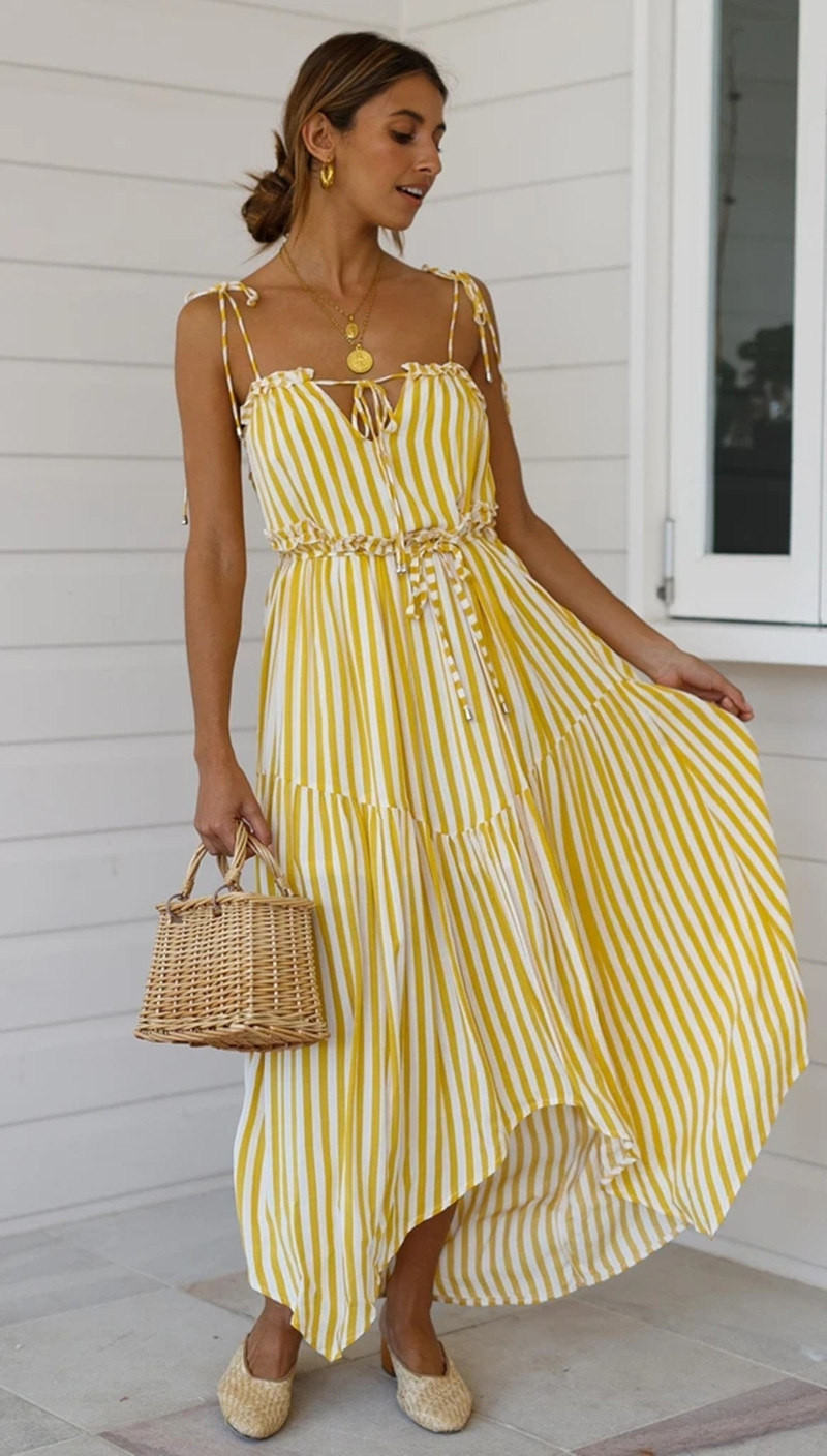 V-neck tie ruffled striped irregular long slip dress NSJKW121183