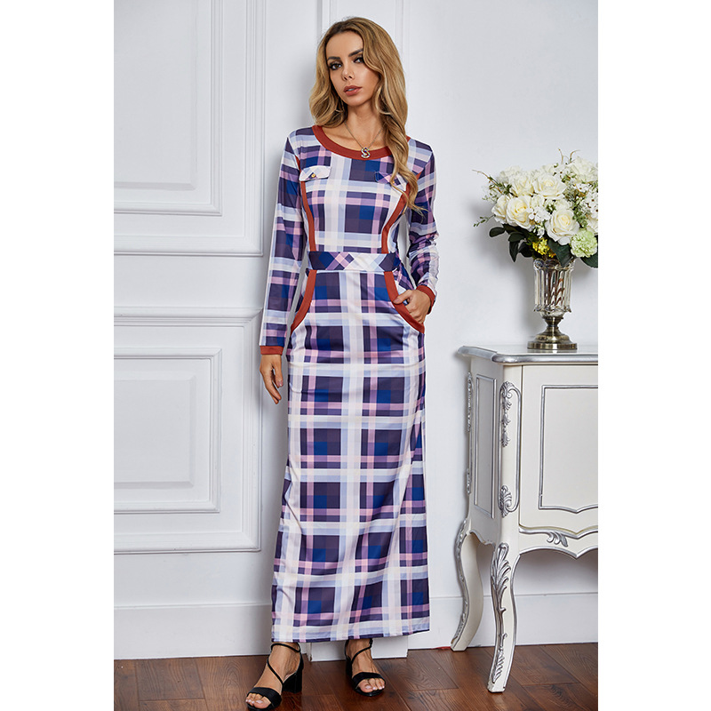 autumn and winter fashion plaid round neck high waist long dress NSSA26070