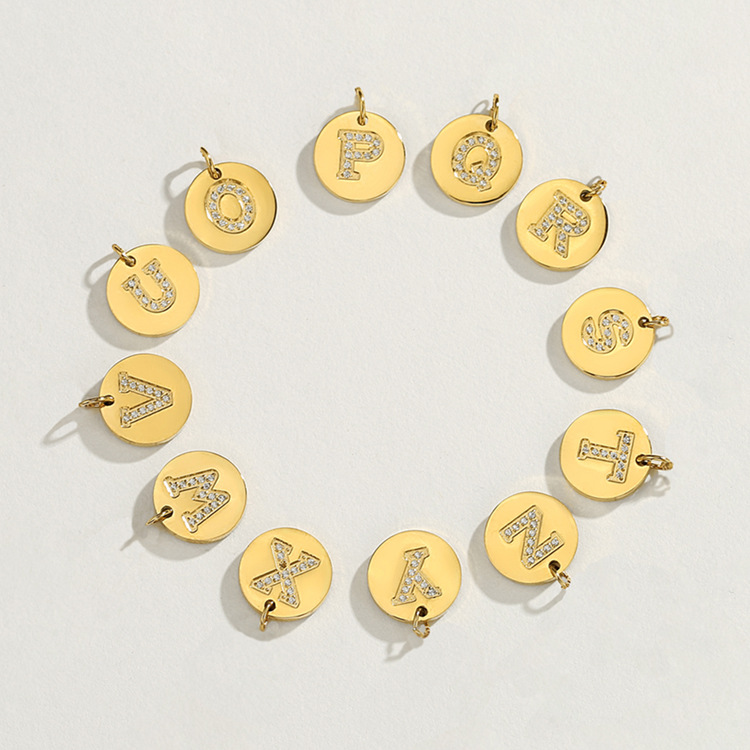 2g Weight Ion Plating (IP) Gold Plating Process 1 Piece Diameter 10mm 316 Stainless Steel Zircon 14K Gold Plated Letter Polished Pendant