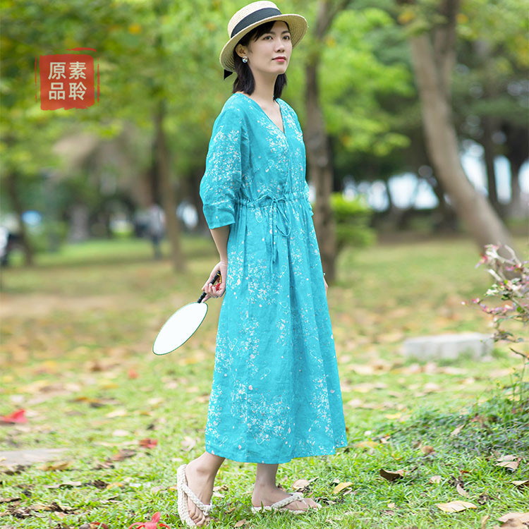 Ramie Digital Printed Dress Women's V-Neck Lace-up Waist Drawstring Large Swing Modified Hanfu Dress S1091