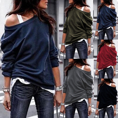 Cross-Border Exclusive Hot-Selling New 6-Color Platform Autumn and Winter Fashion Round Neck Long-Sleeved Women's Tops Pure Color Off-The-Shoulder Ready Stock