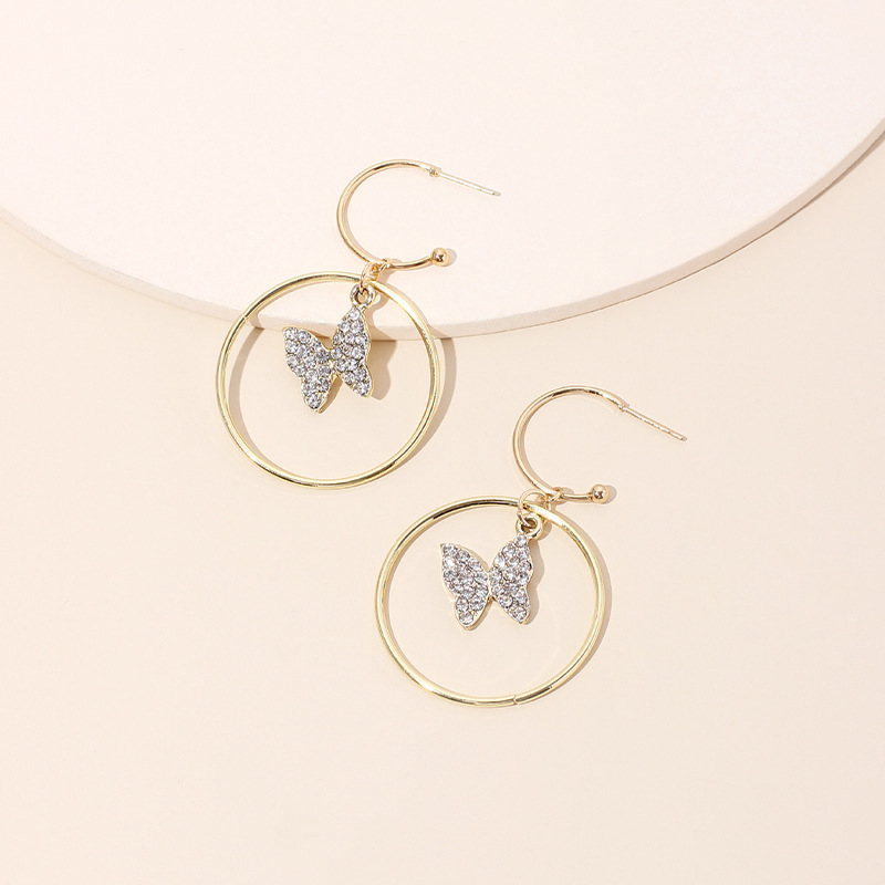 8g Weight Earrings Classification Wedding, Travel Occasion Butterfly Pattern Women'S Gender Gold Color Fashion Diamond-studded Geometric Big Circle Earrings Butterfly Pendant Rhinestone Earrings Wholesale Nihaojewelry 2