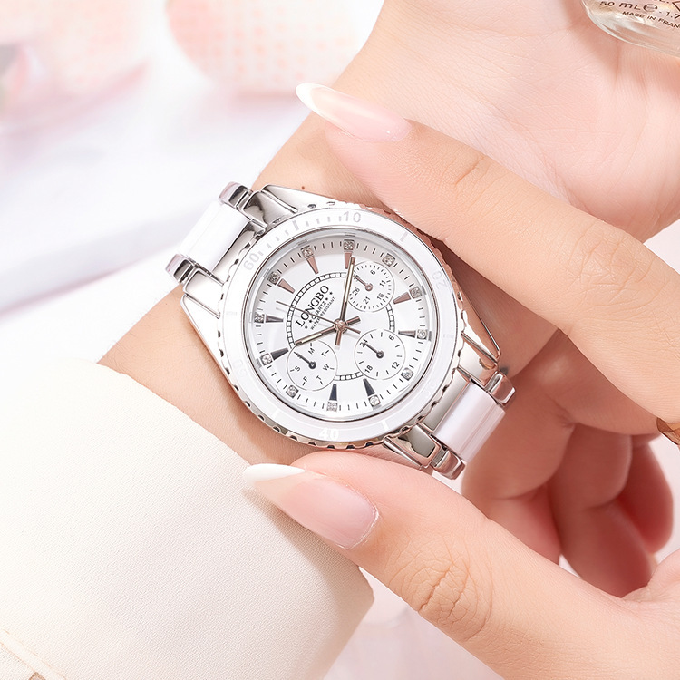 LONGBO Marke Heißer Verkauf Drei-Augen Uhr Keramik Stahl Band Wasserdicht Leuchtende frauen Quarz Armbanduhr_voghion.com
