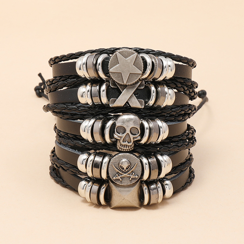 new  punk skull  adjustable rock beaded leather bracelet