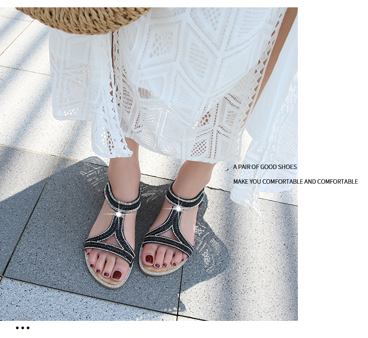 2025 New cross-border sandals Bohemian-style women's shoes summer hollowed-out flat diamond sandals Womanshoes undefined