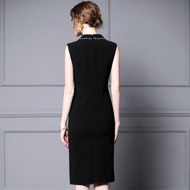 Summer new suit collar pin drill medium length dress