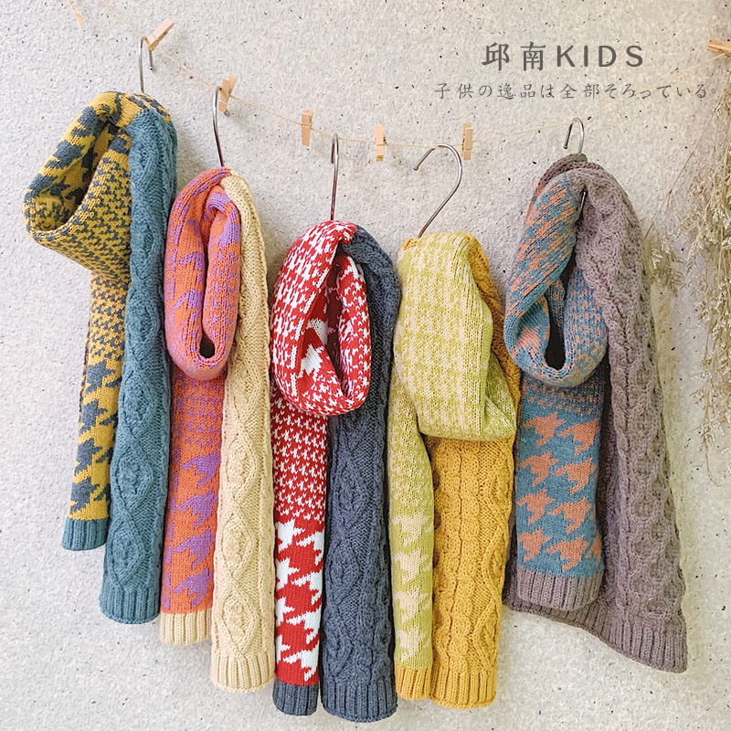 邱南儿童围巾复古色系撞色围巾宝宝秋冬款保暖防寒针织千鸟格围脖|ms