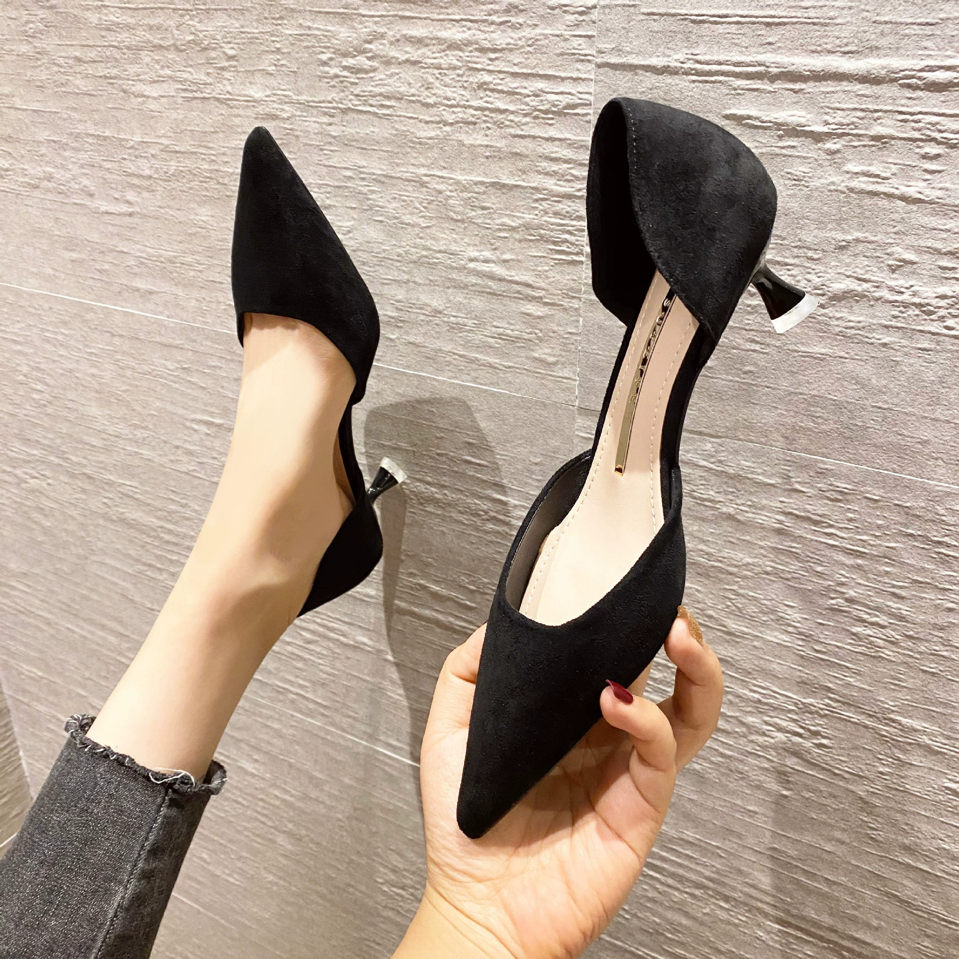 9188-8 замшевые повседневные фабричные красные женские туфли на высоком каблуке с заостренным носком, Нескользящие одиночные туфли на тонком каблуке, мелкие полые