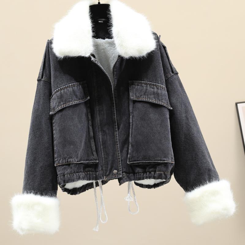 Abbigliamento da donna Spot abbigliamento invernale nuovo stile giacca di jeans con collo di pelliccia giacca di jeans larga in velluto per le donne_voghion.com