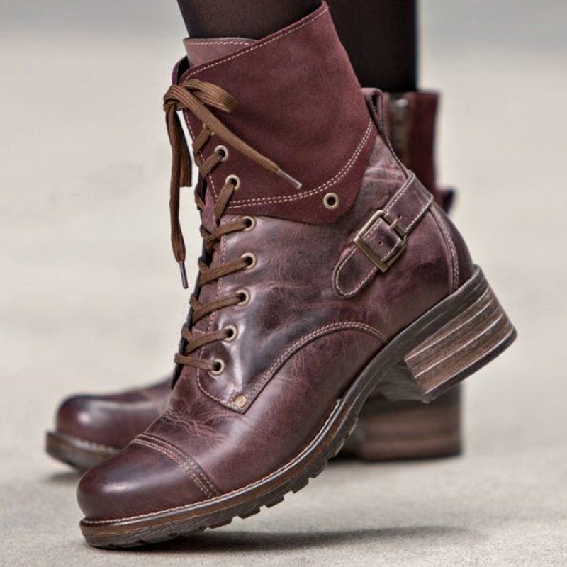New round head women's thick heels lace-up solid color women's motorcycle boots_voghion.com