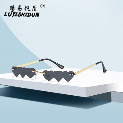 新款波浪愛心不規則太陽鏡女金屬無框切邊墨鏡潮歐美舞會搞怪眼鏡