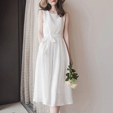 2022夏季女裝新款網紅爆款法式無袖雪紡蕾絲拼接白色中長連衣裙仙
