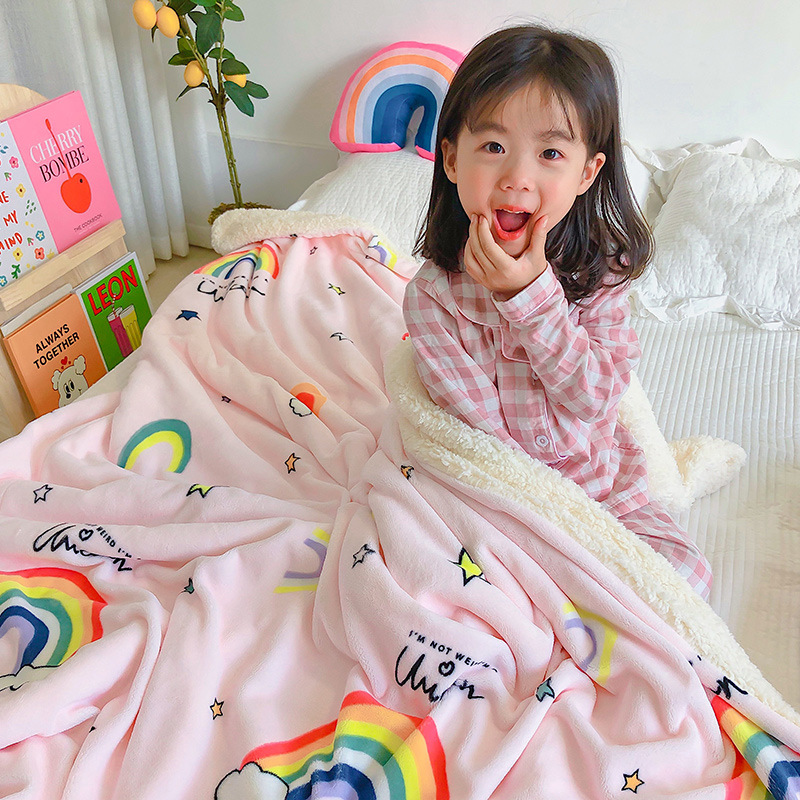 ins风双层加厚羊羔绒牛奶绒印花儿童毛毯秋冬盖毯四季休闲毯|ms