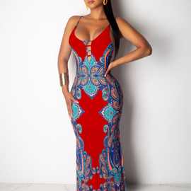 2024亚马逊速卖通平台爆款民族特色印花修身吊带拖地长连衣裙