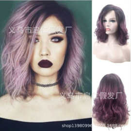 新款欧美假发 时尚女短卷发 黑色渐变紫色卷发 高温丝 wig 现货