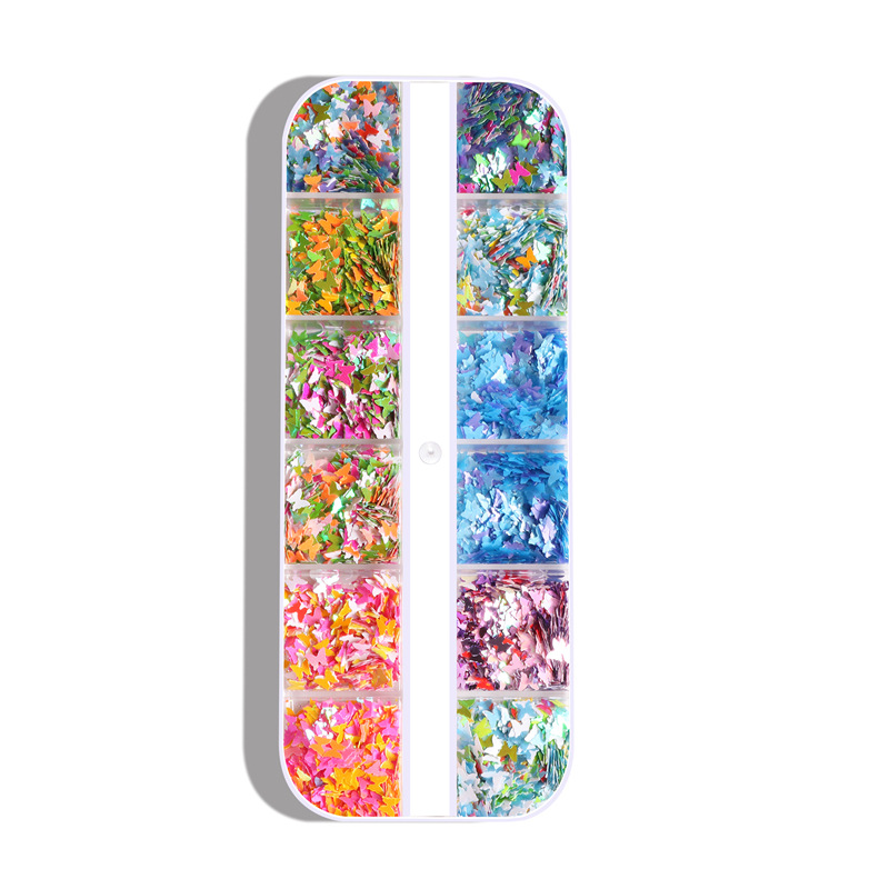 Amazon Venta caliente uñas mariposa lentejuelas 12 rejilla tira caja uñas lentejuelas mariposa color redondo uñas joyería