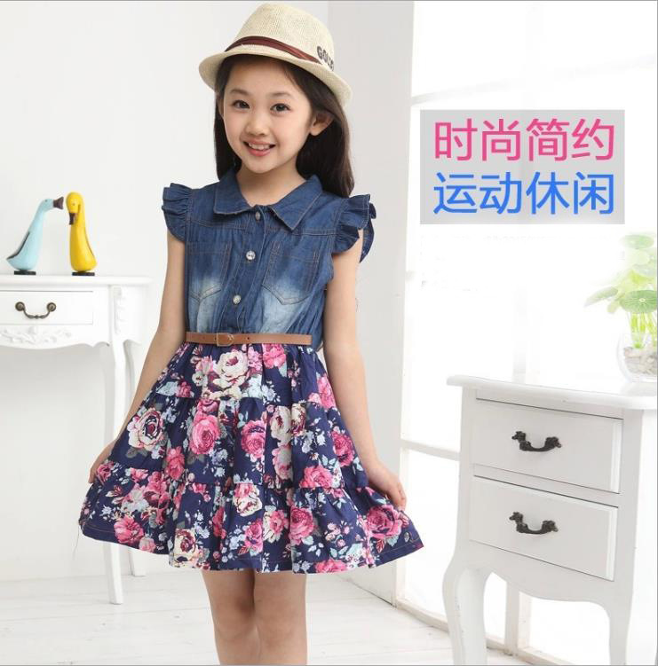 童装2020夏款女童连衣裙中大童装公主短袖碎花洋气牛仔裙一件代发