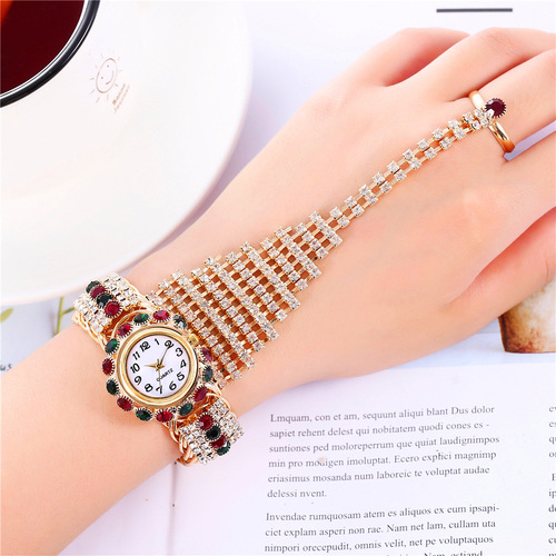 Factory Direct Supply New Khorasan Trendy Women's Full Diamond Claw Chain Ring Set Watch Fashion Women's Bracelet