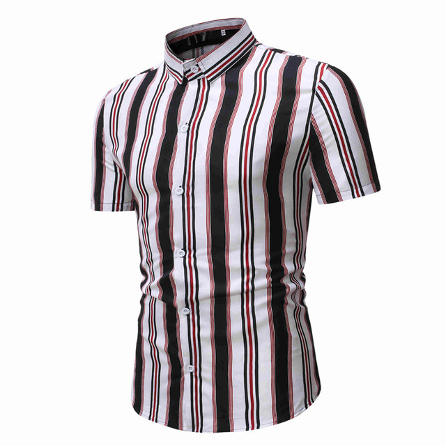 Summer button men’s fashion casual stripe short sleeve shirt